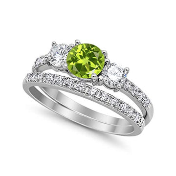 3-Stone Wedding Bridal Set Piece Ring Round Simulated Peridot CZ 925 Sterling Silver